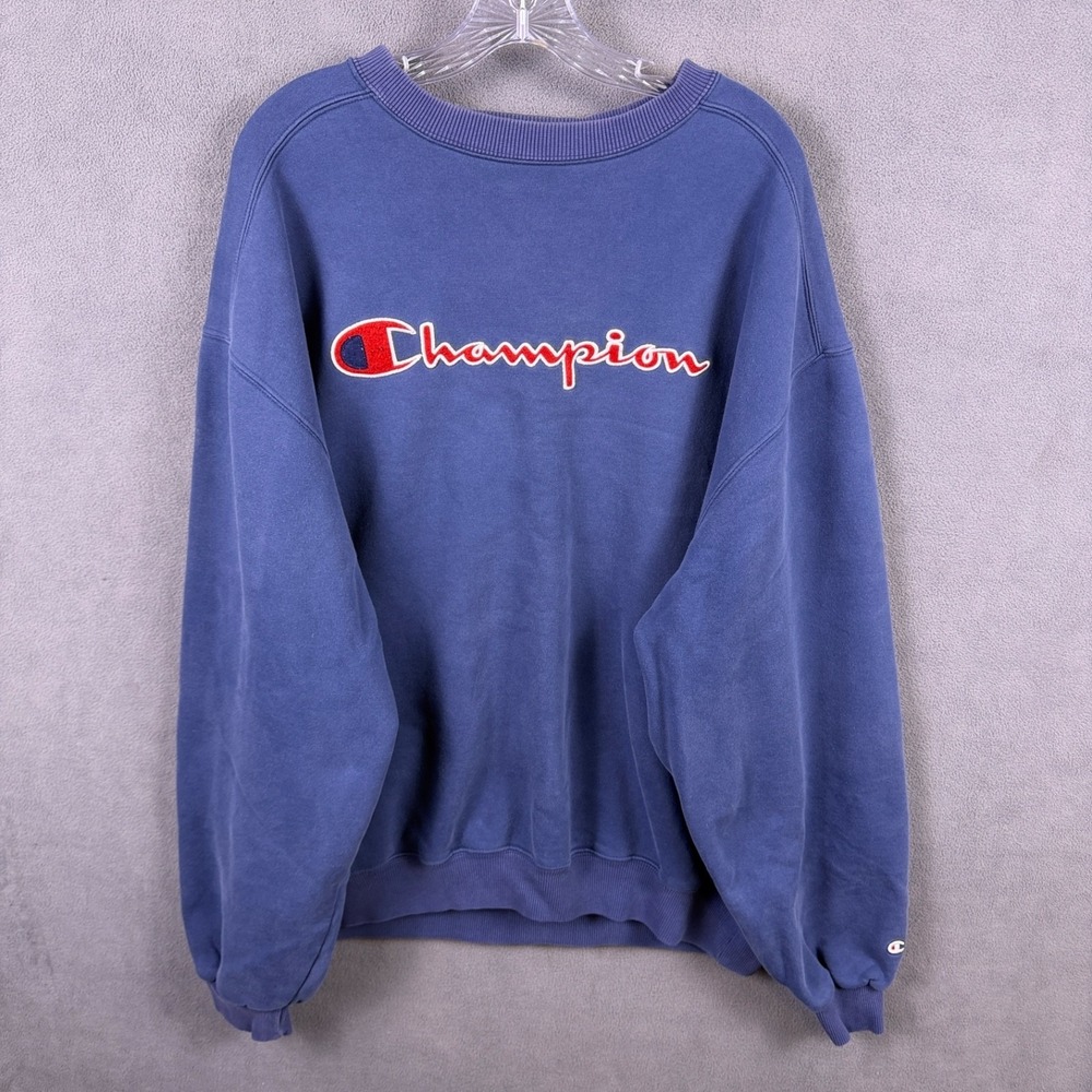 Vintage Mens Champion 90s Embroidered Reverse Weave Navy Sweatshirt 2XL